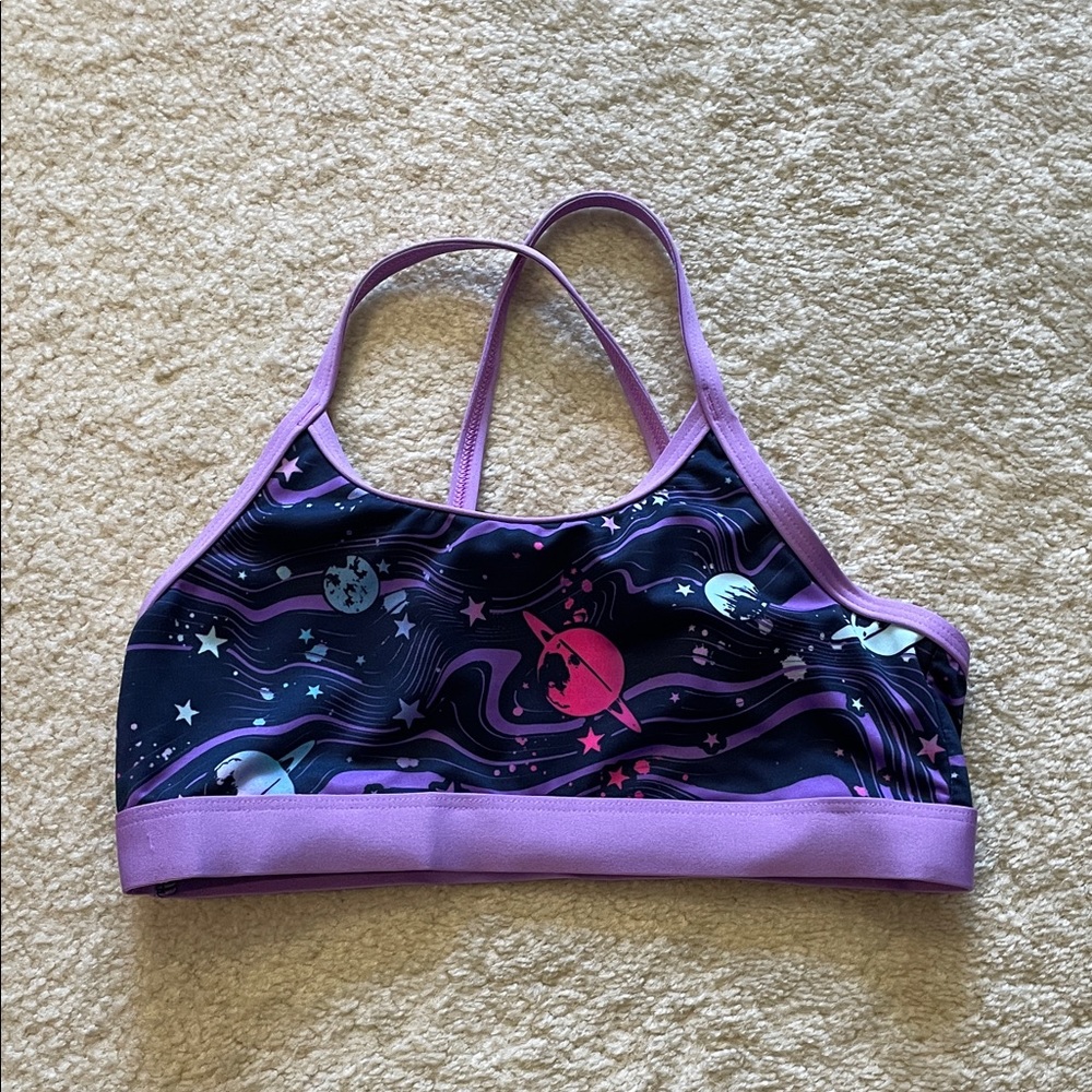 Lands' End UEC Girls' Purple and Black Space Print Swim Top Adjustable Straps